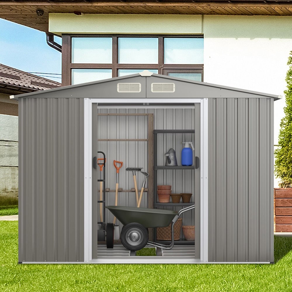 Costway Light Grey Outdoor Storage Shed with Foundation 8 x 5ft Image 4