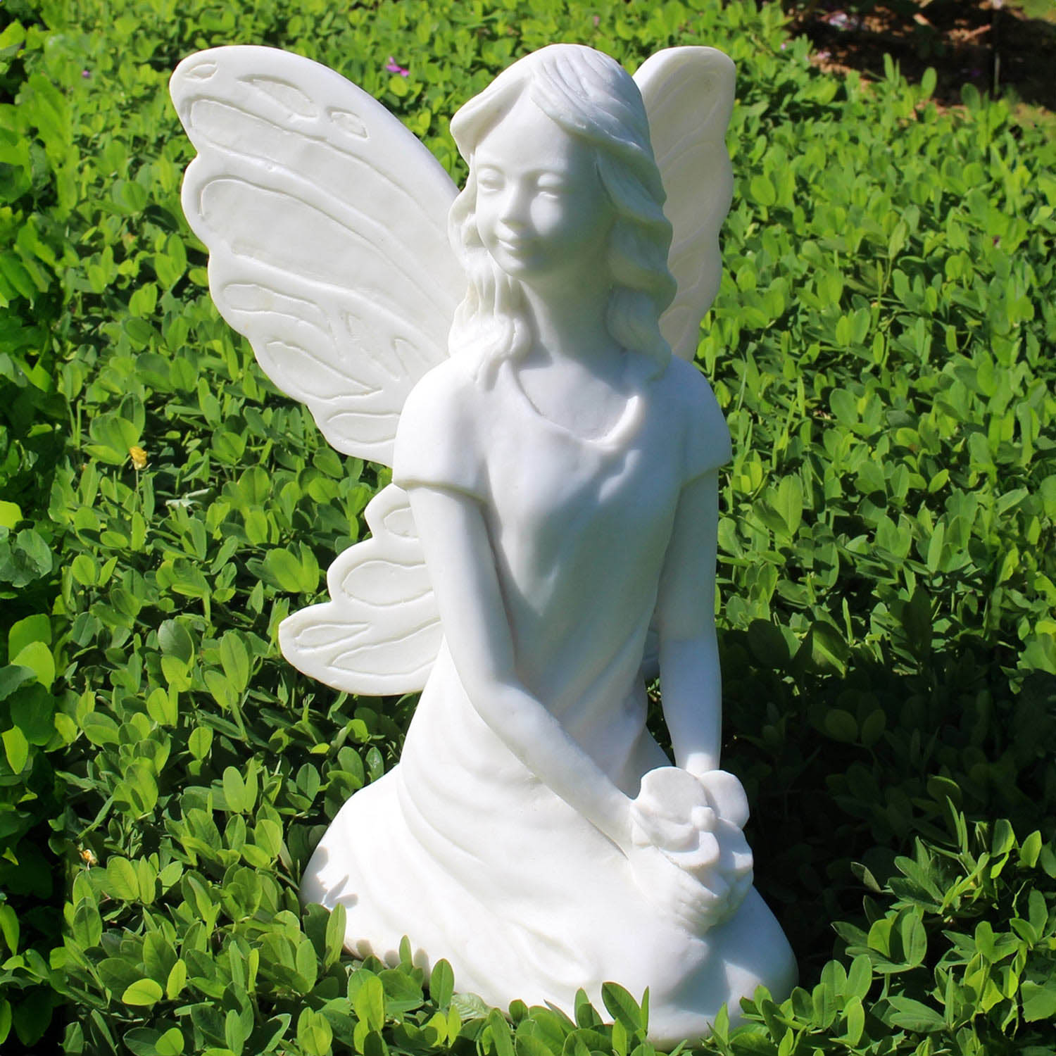 Enigma Fairy Holding Flowers White Marble and Resin Garden Ornament Image 2