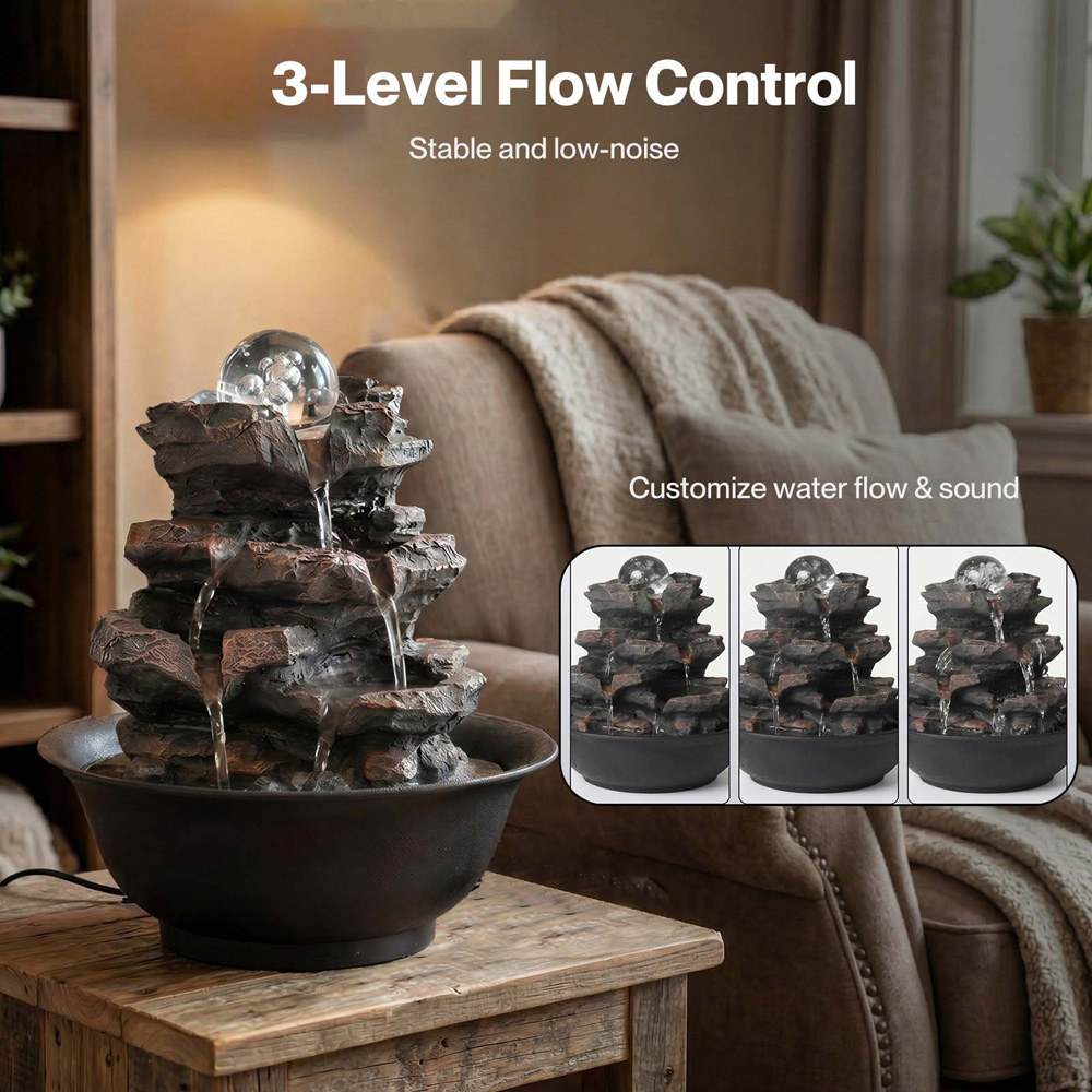 Spector Brown Resin 3 Speed Flow Tabletop Water Fountain with Glass Ball Image 5