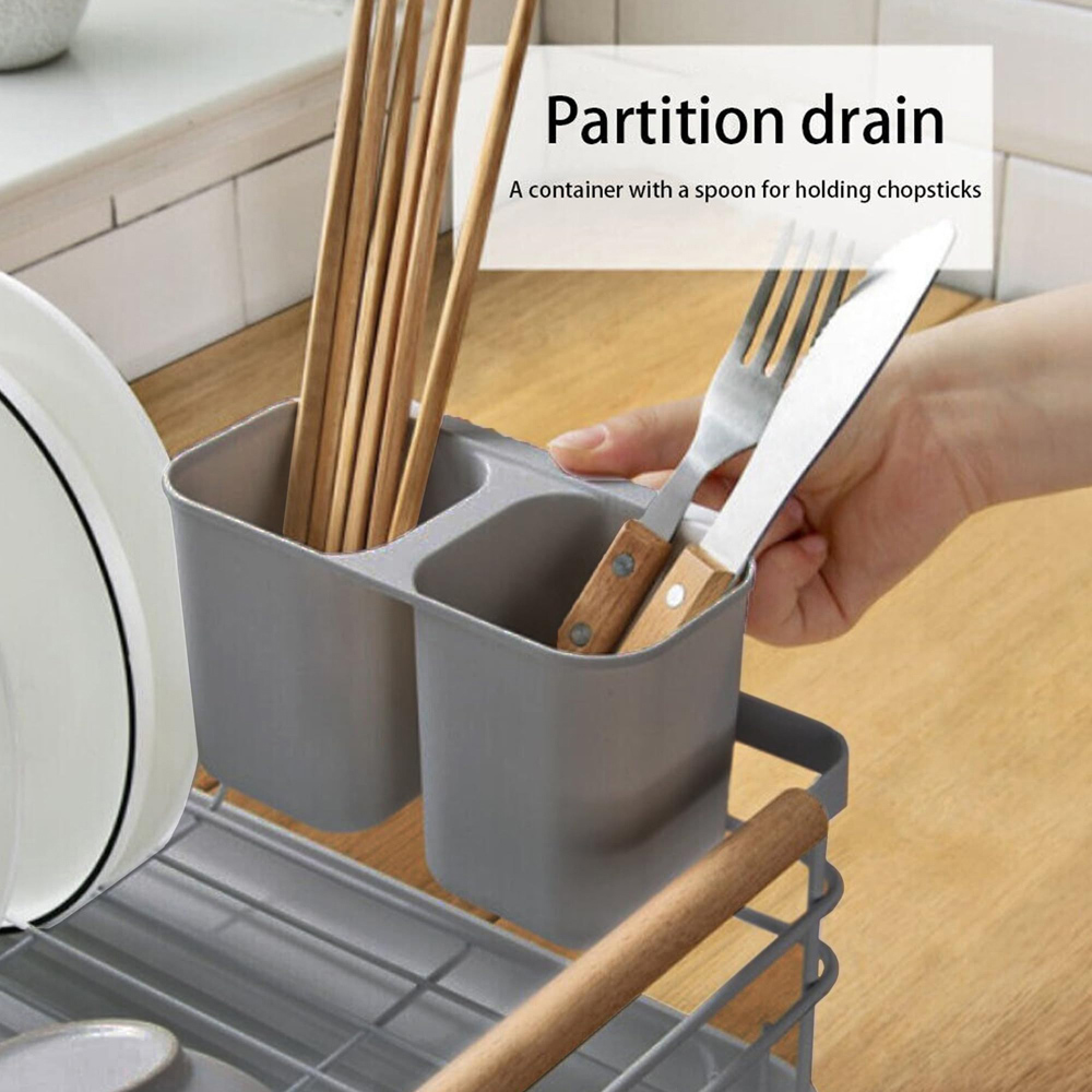 ATEK Grey Wooden Handle Dish Drying Rack with Drain Tray and Cutlery Holder Image 7