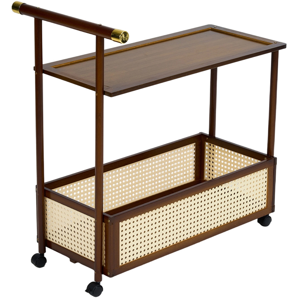 Living and Home 2-Tier Walnut Faux Rattan Side Table with Castors Image 2