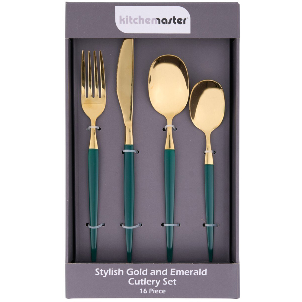 Kitchen Master 16 Piece Gold and Emerald Cutlery Set Image 1