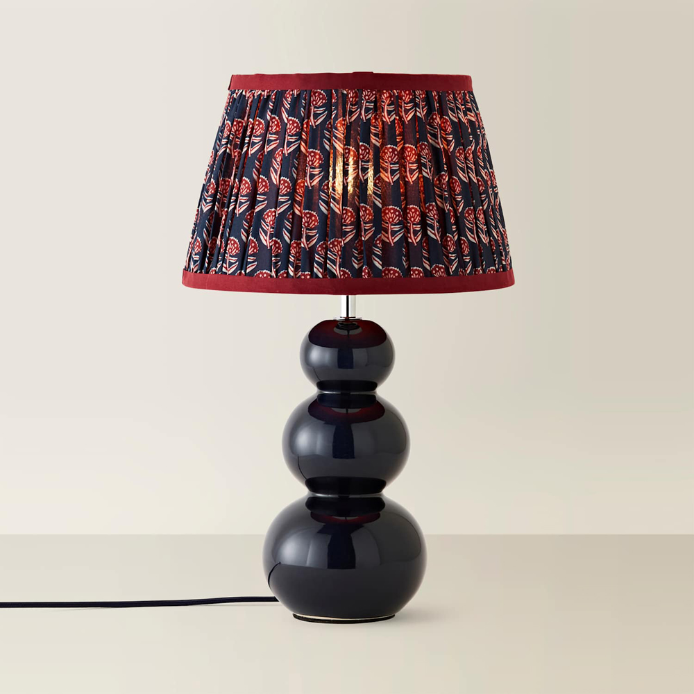 ValueLights Edie Floral Pleated Shade Navy Bobble Ceramic Table Lamp with Bulb Image 3