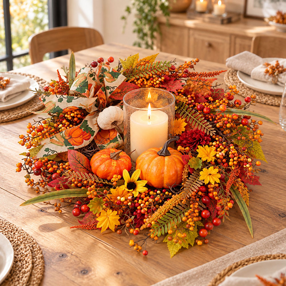 Neo Yellow Artificial Autumn Wreath with Pumpkins and Sunflowers 50cm Image 3