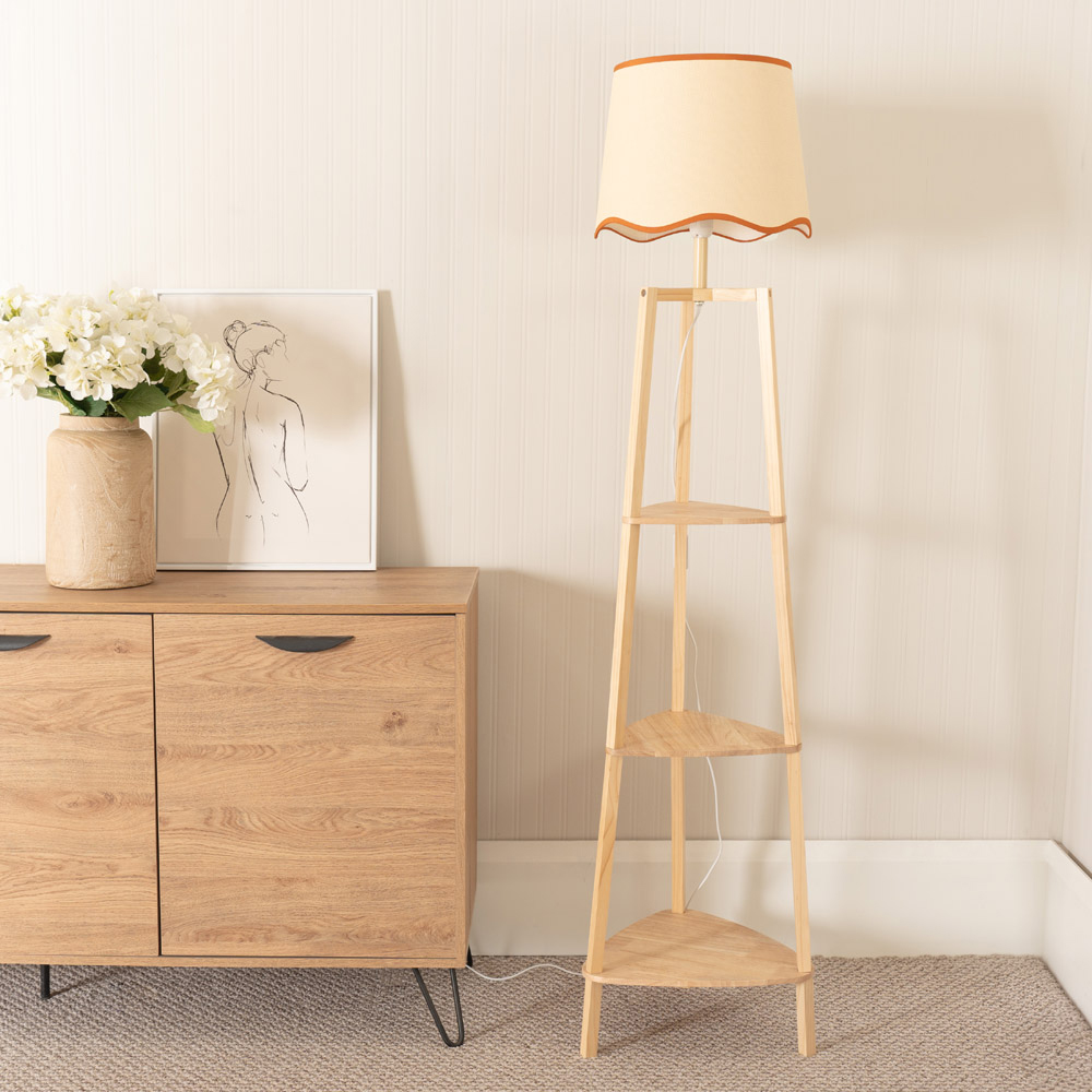 ValueLights Hiru Natural 3 Shelf Rust Trim Scallop Shade Floor Lamp with Bulb Image 3