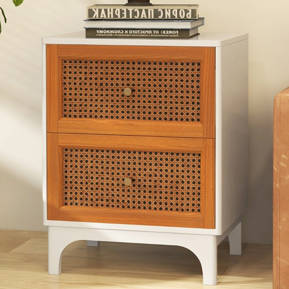 Costway 2 Drawer White Boho Rattan Bedside Table Image 1