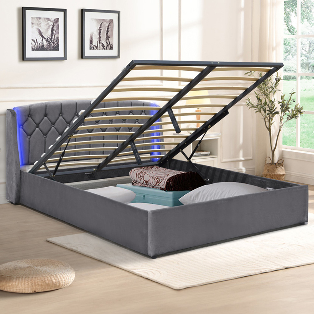 Comfy Living King Size Grey Fabric Gaslift Bed Frame with LED Headboard Image 1
