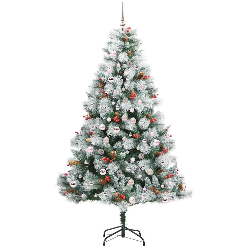 vidaXL Pre-Lit Pink Baubles Green Artificial Snow Flocked Christmas Tree 7ft Image 4