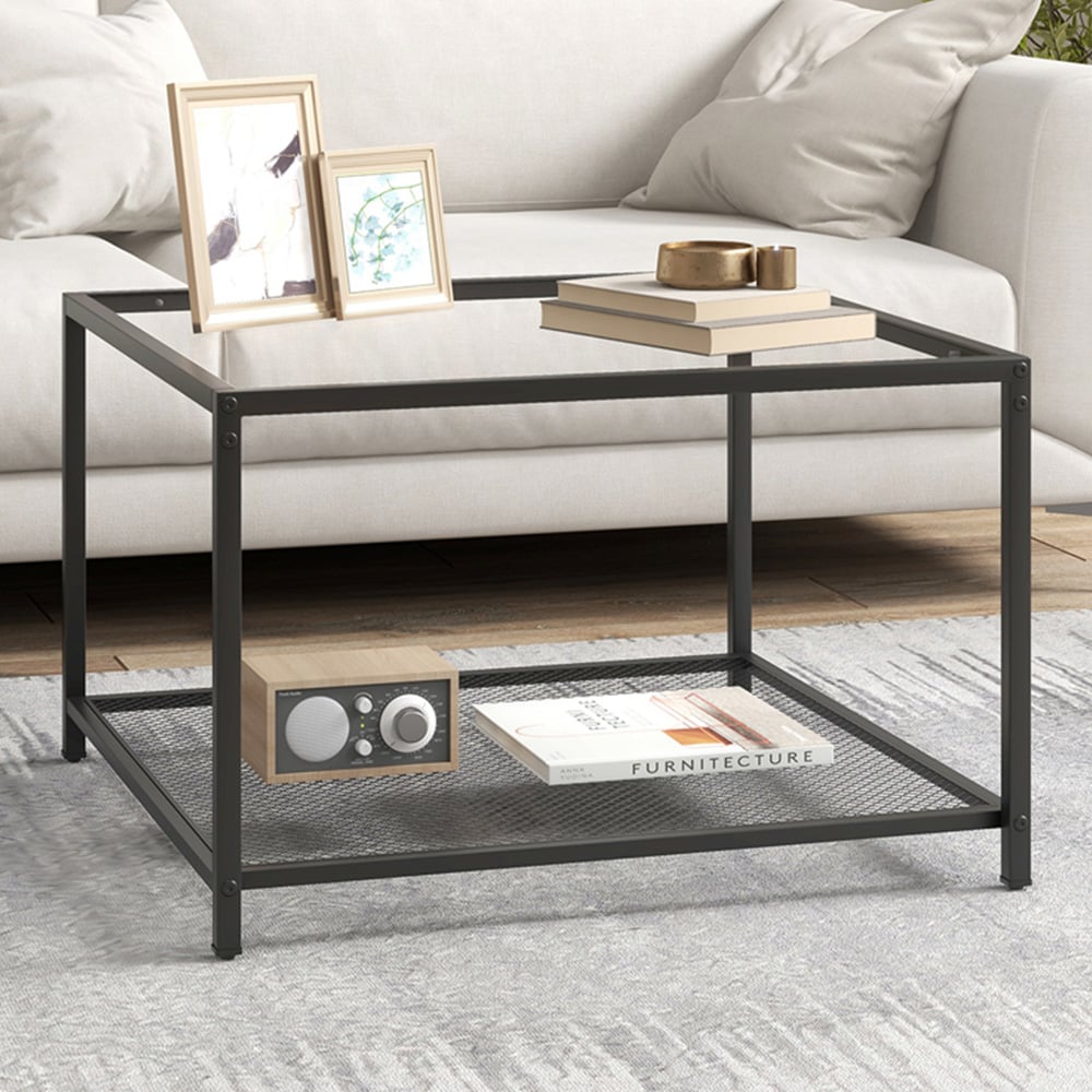 Costway 2 Tier Black Square Glass Coffee Table Image 1