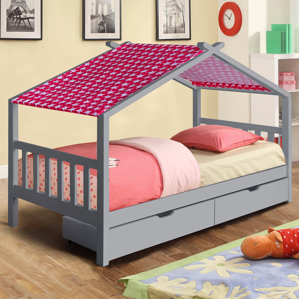 Brooklyn Single Grey 2 Drawer House Storage Bed with Red Tent Image 1
