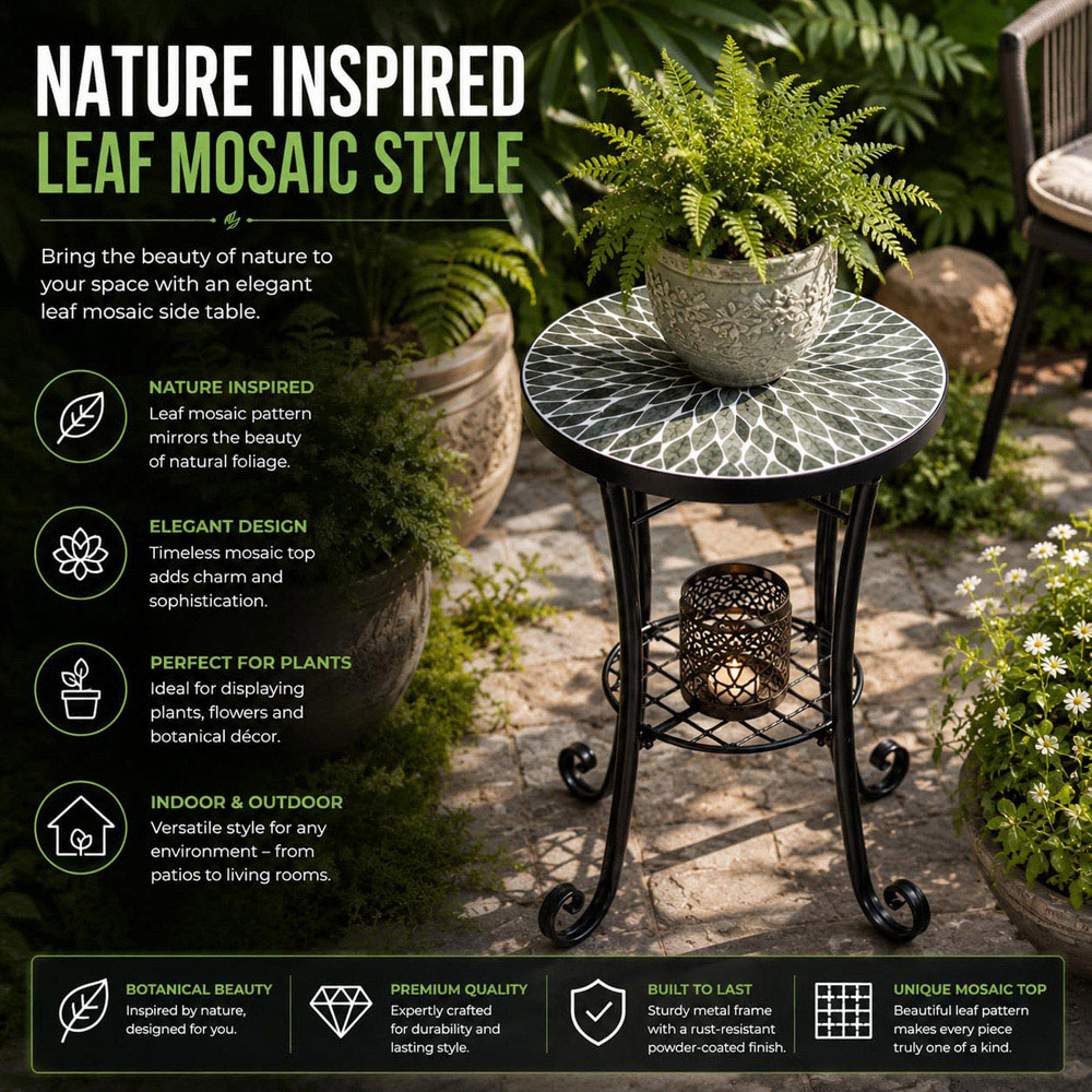 Shatchi Leaf 2-in-1 Single Shelf Mosaic Ceramic Tile Top Plant Stand Side Table Image 7