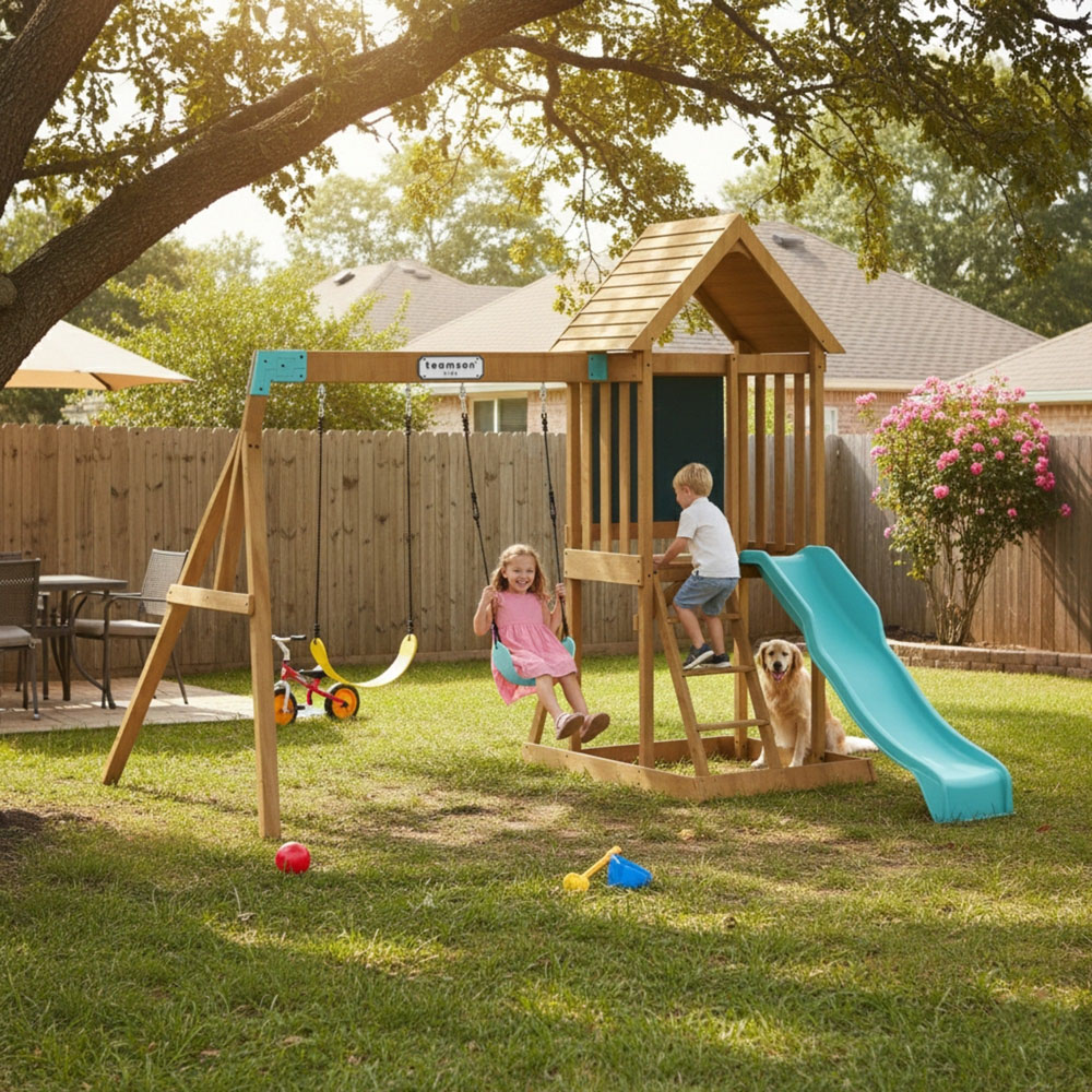 Teamson Home Panama Aqua and Natural Outdoor Wooden Swing Set Image 5