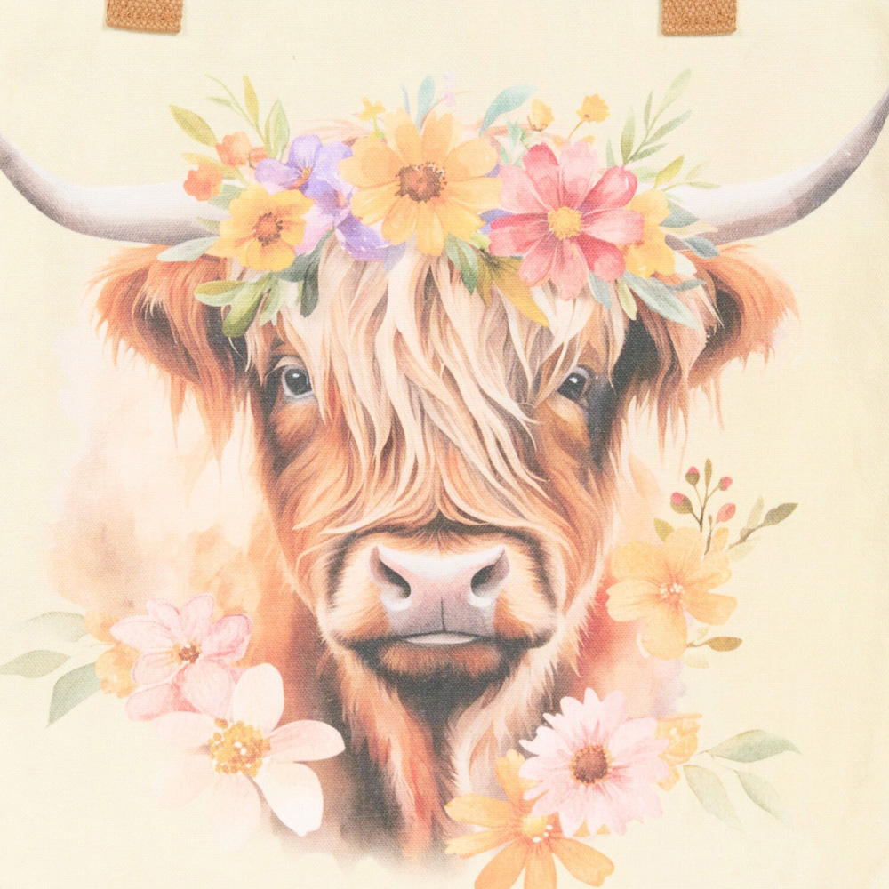 Floral Highland Cow Tote Bag Cream Image 4