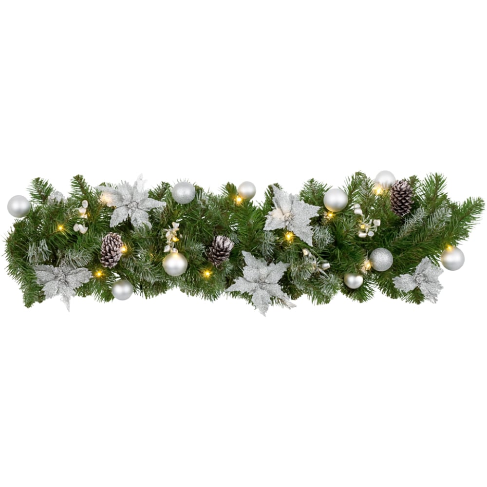 Marco Paul Pine Effect Artificial LED Christmas Garland with Silver Baubles 270cm Image 1