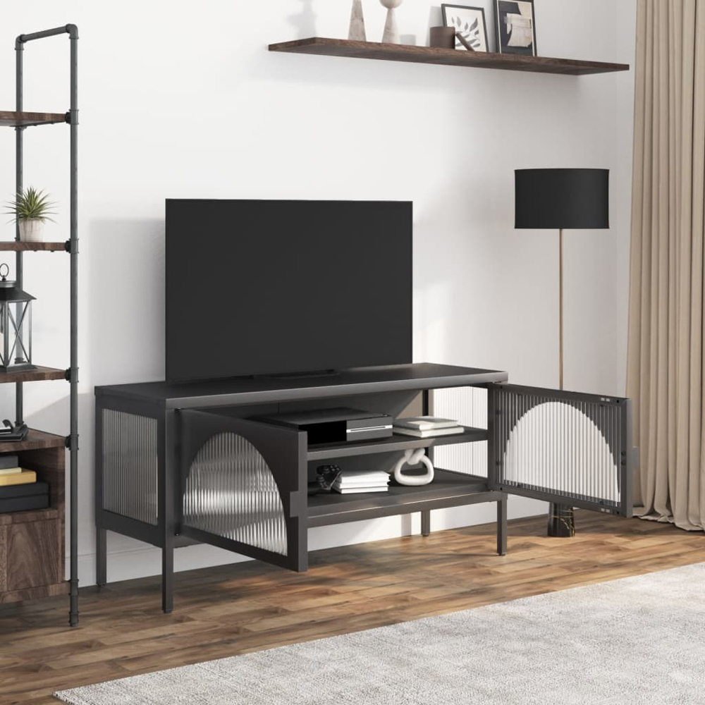 vidaXL 2 Door Black Fluted Glass and Steel TV Cabinet Image 9