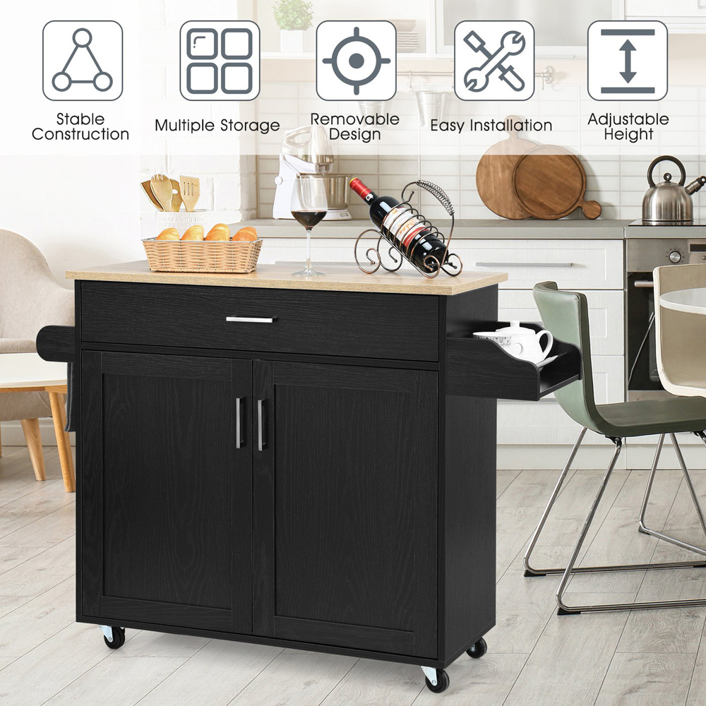 Costway 2 Door Single Drawer Black Kitchen Island Trolley Image 5