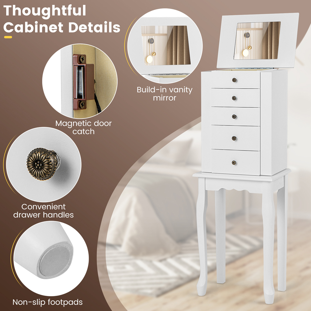Costway 5 Drawer White Freestanding Jewellery Organizer with Flip Up Mirror Side Door Image 8