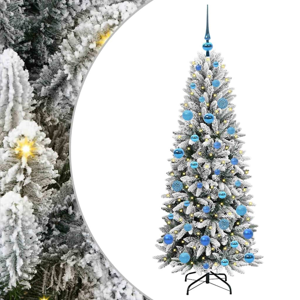 vidaXL Pre-Lit Blue Baubles Artificial Snow Flocked Christmas Tree 5ft Image 2