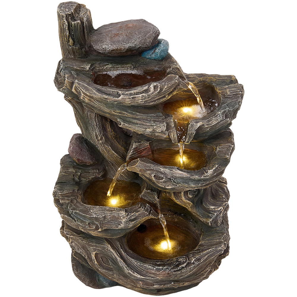 Living and Home 5-Tier Tree Trunk Wood and Rock Effect Solar LED Water Feature Image 2