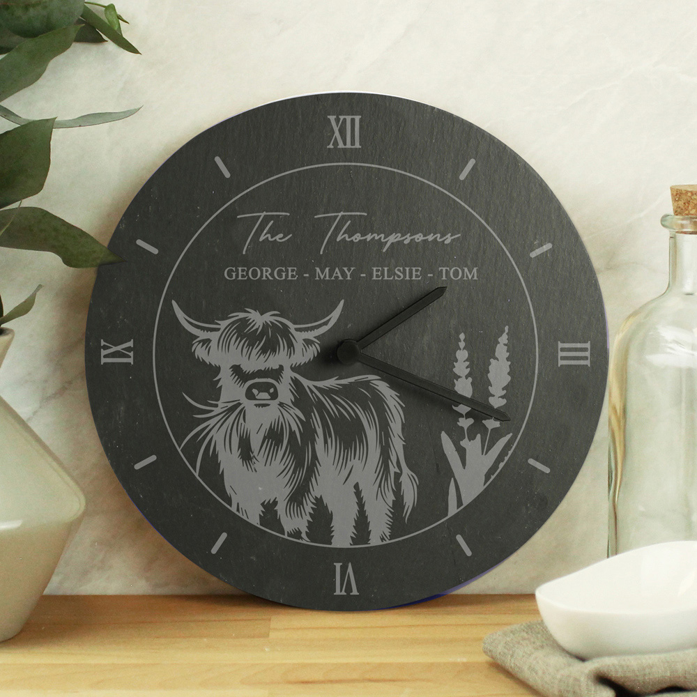 Personalised Memento Personalised Highland Cow Slate Clock Image 3