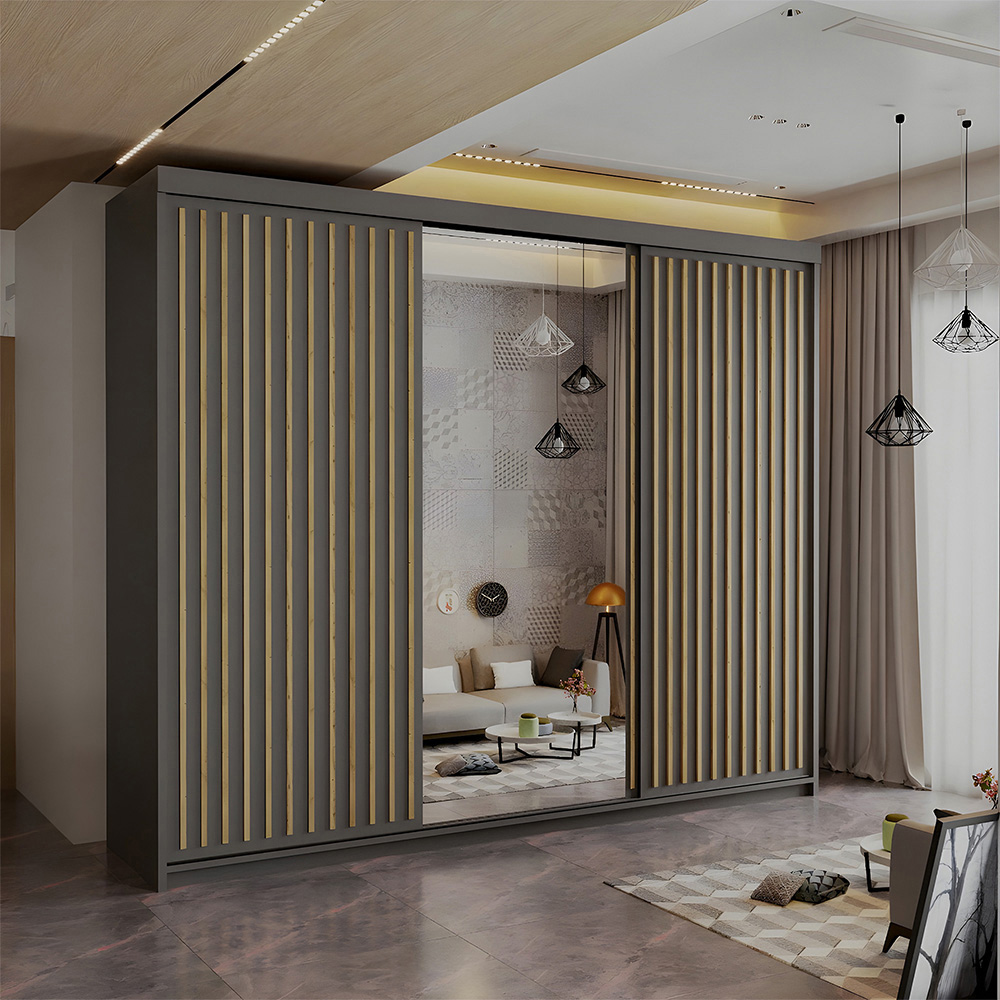 Sliding Wardrobes 4U Royal 3 Door Grey Weave Minimalist Mirrored Wardrobe 250cm Image 4