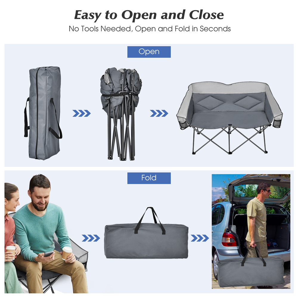 Costway 2 Seater Grey Folding Camping Chair with Padded Seat Image 7