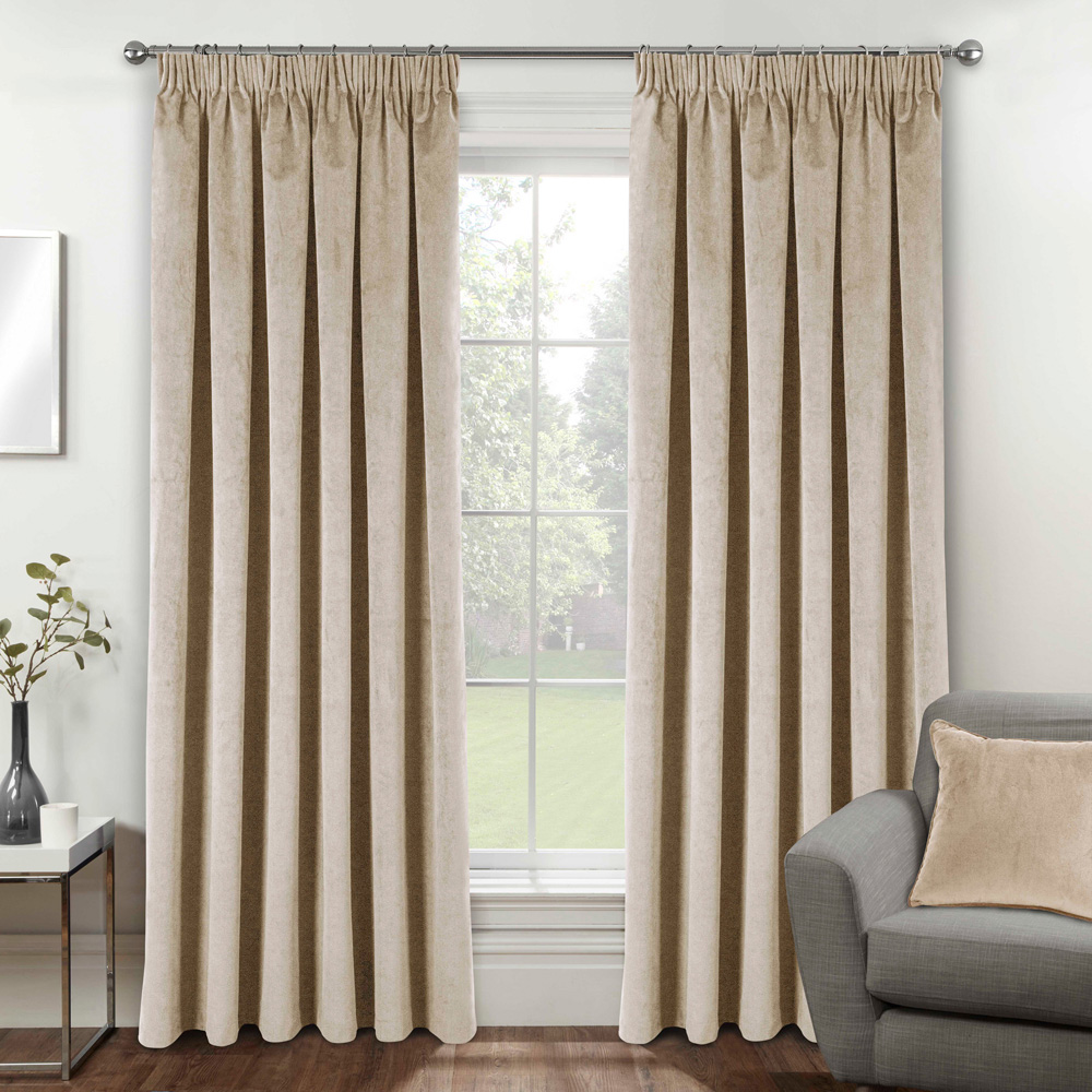 Enhanced Living Oxford Cream Thermal Blackout Pencil Pleat Velvet Curtains 117 x 137cm Image 1