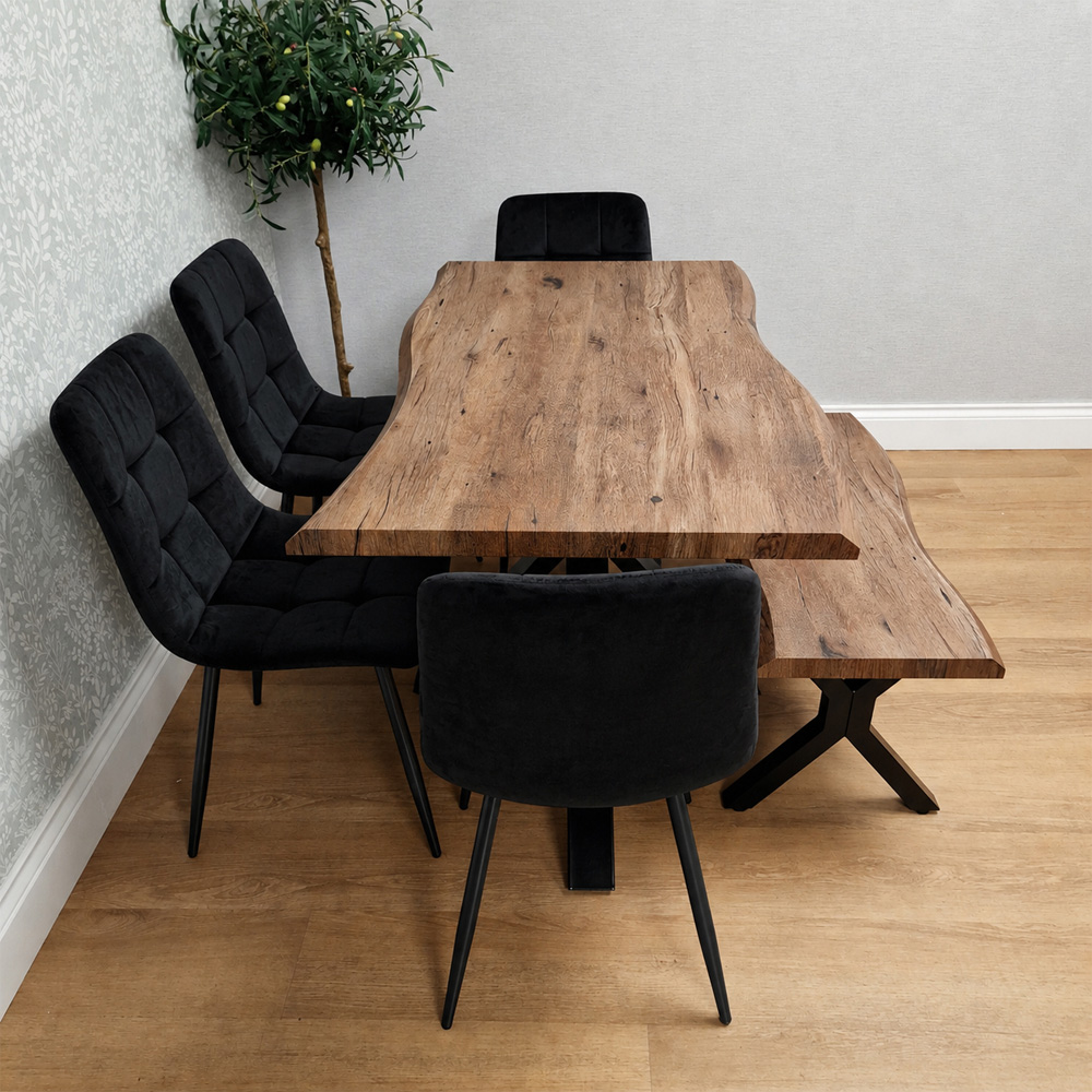 Kosy Koala 6 Seater Wooden Effect Velvet Dining Set with Bench Black Image 5