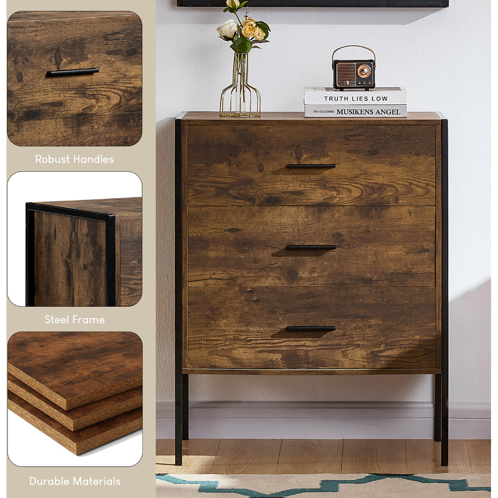 Vida Designs Brooklyn 3 Drawer Dark Wood Rustic Metal Frame Chest of Drawers Image 6