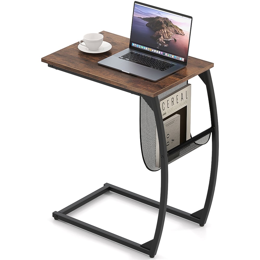 Costway Brown C-Shaped Compact Sofa Side Table with Magazine Rack Image 3