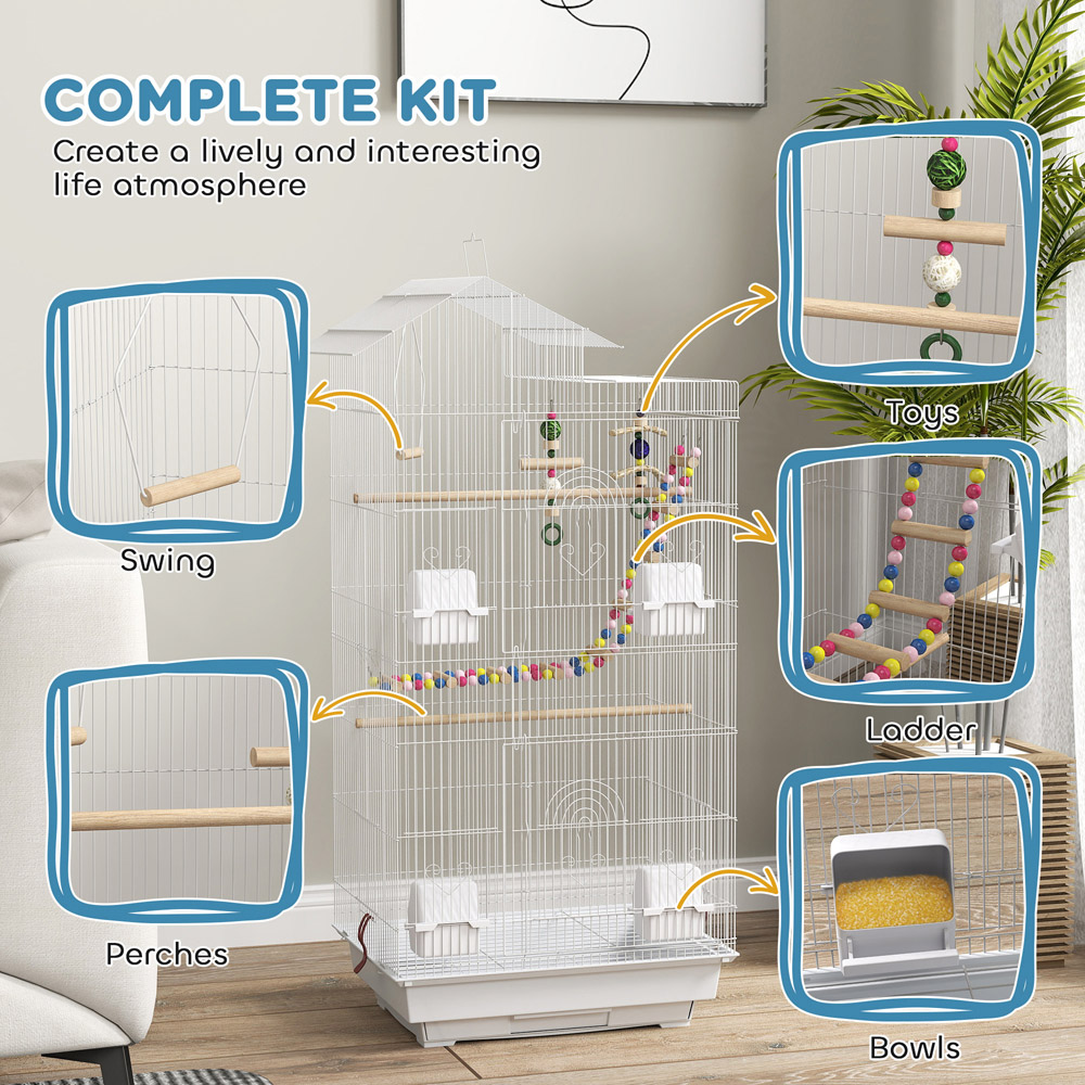 PawHut White Bird Cage with Toys and Tray Image 5
