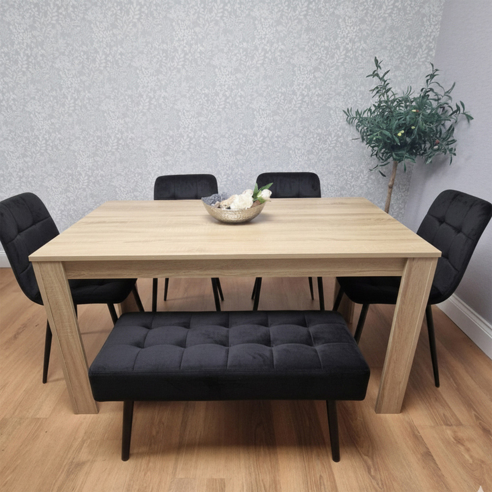 Portland Rocco 6 Seater Modern Velvet Dining Bench Set Oak and Black Image 4