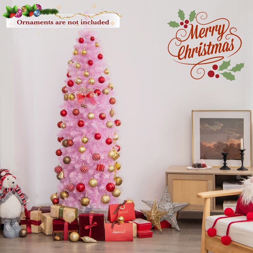 Costway Pre Lit White LED Pink Slim Artificial Christmas Tree 6ft Image 3