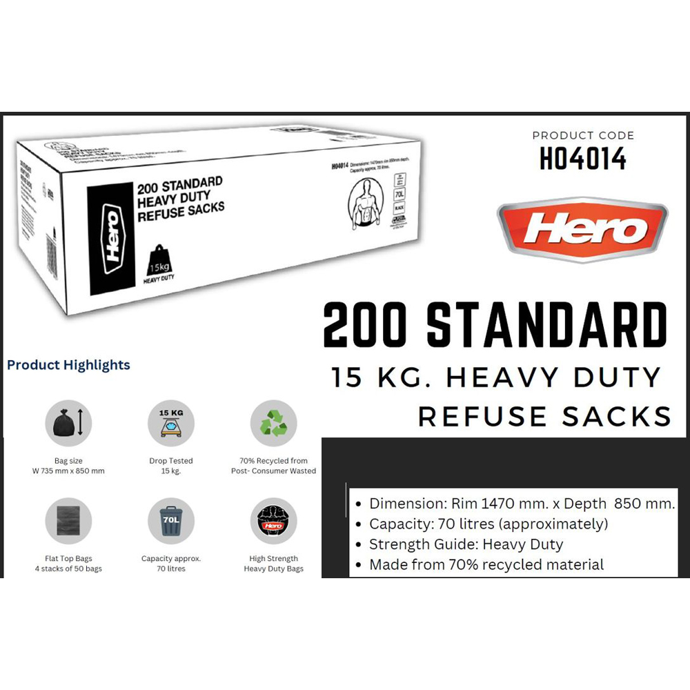 Hero Heavy Duty Refuse Sacks Bin Bag Black 70L 200 Pack Image 3