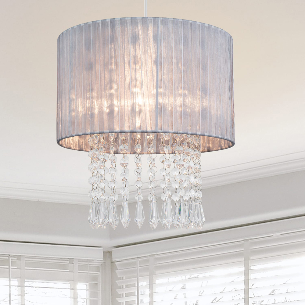 Cosylyte Winni Silver Grey Beaded Voile Easyfit Modern Lamp Shade Image 2