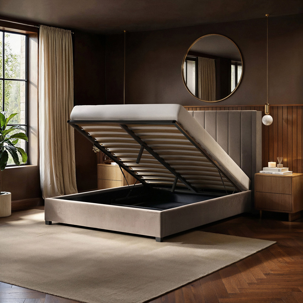 Flair Tiggy King Size Beige Velvet Ottoman Bed with Winged Headboard Image 5