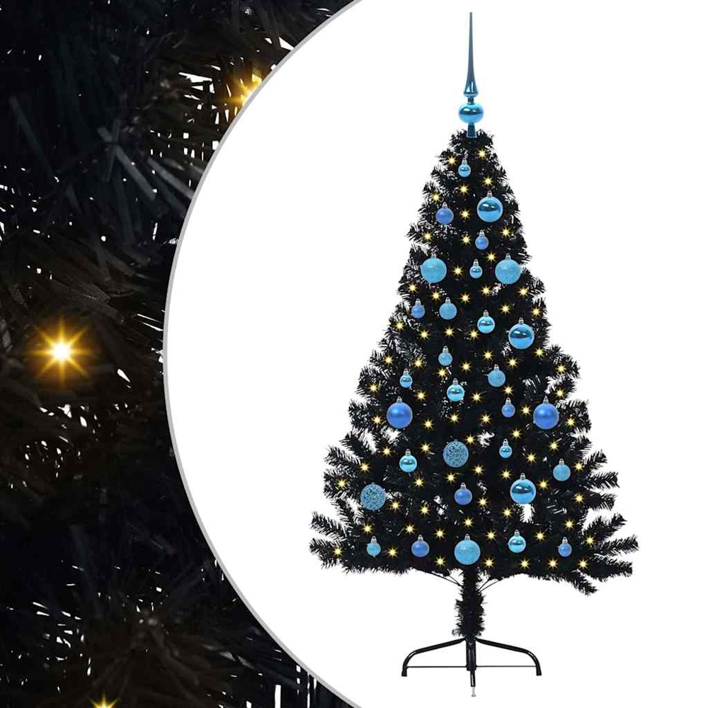vidaXL Pre-Lit Blue Baubles Black Artificial Christmas Tree 5ft Image 2