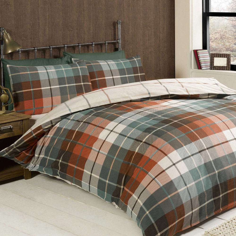 Rapport Home Lomond Check Flannellette King Size Terracotta Brushed Cotton Duvet Set Image