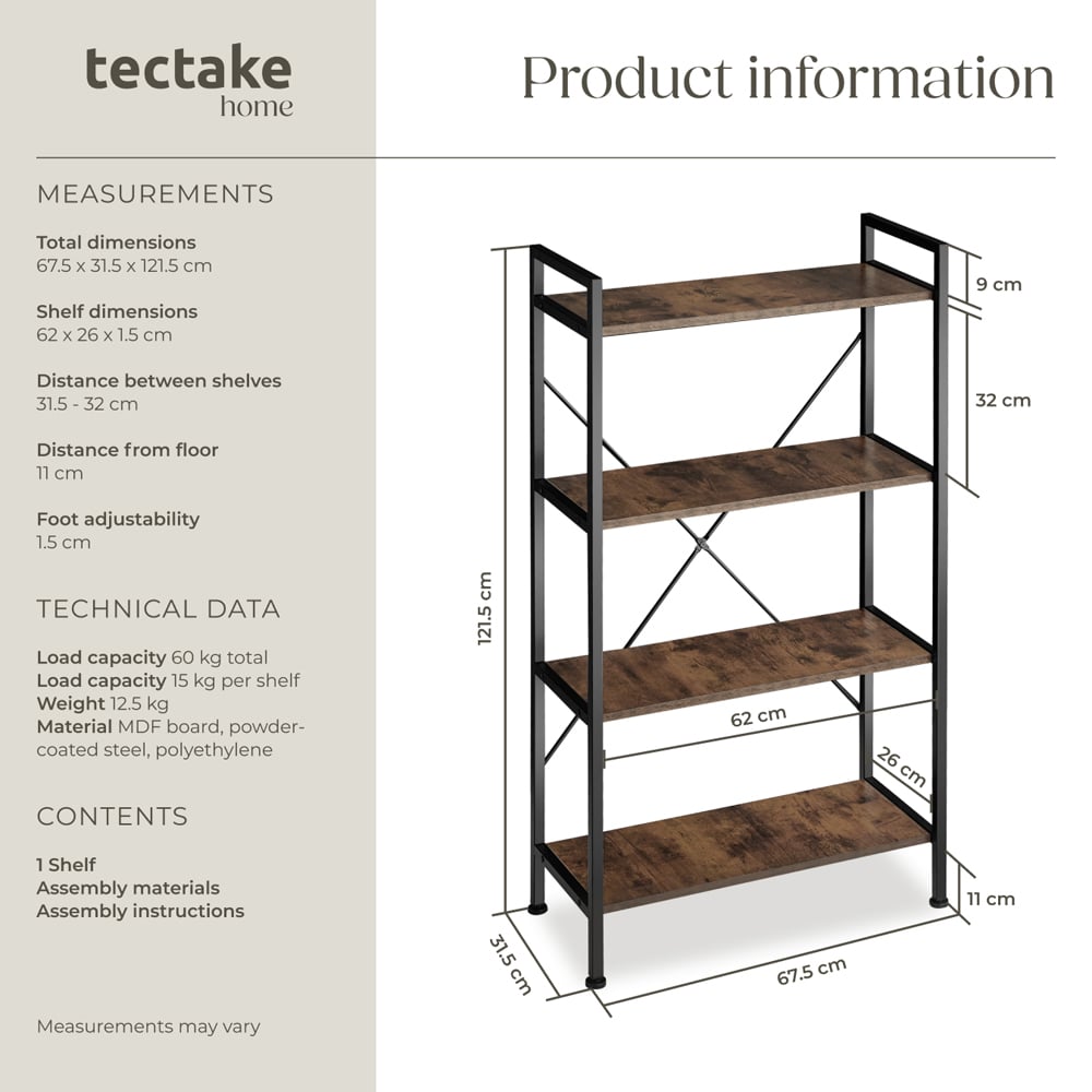 tectake Leeds 4 Shelf Industrial Dark Wood Bookcase Image 9