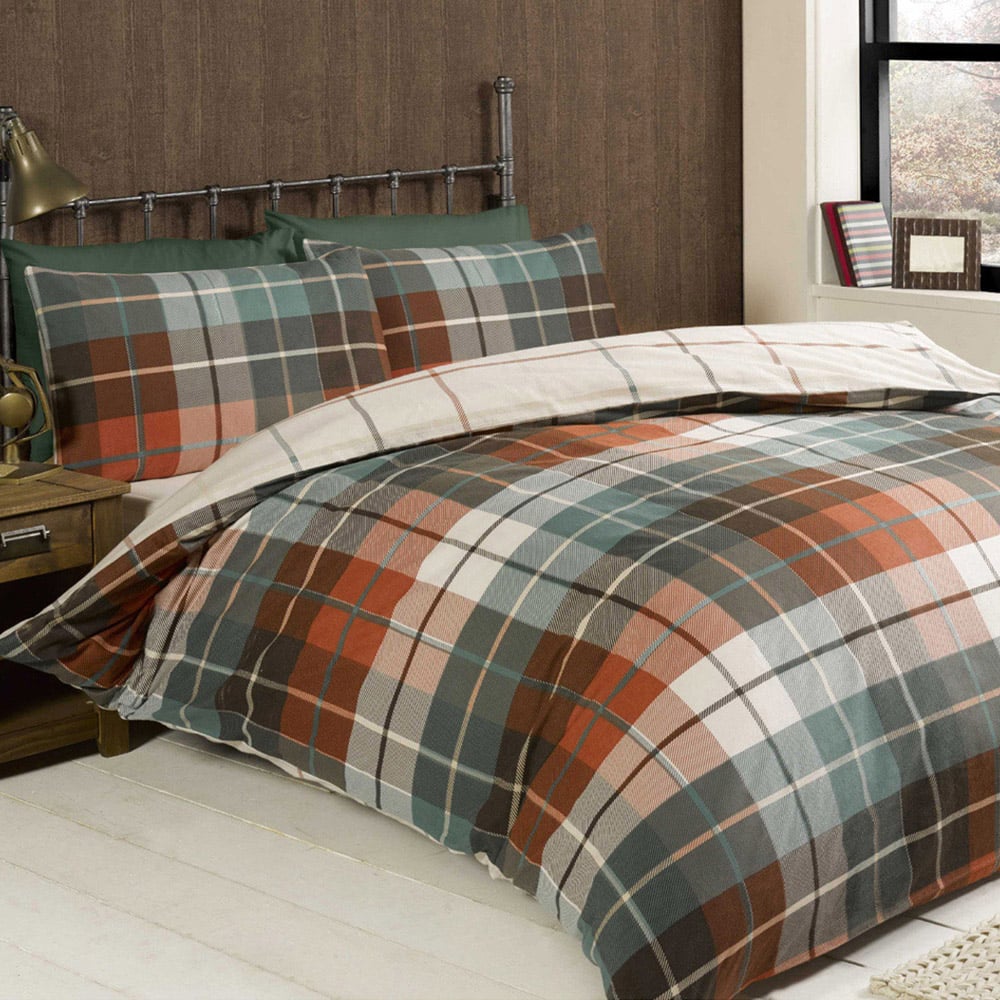 Rapport Home Lomond Check Flannellette Super King Size Terracotta Brushed Cotton Duvet Set Image