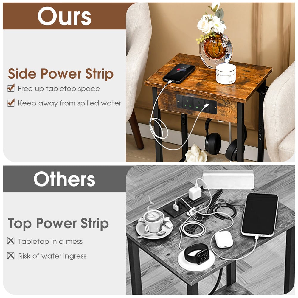 Costway Single Shelf Bedside Table with Charging Station Set of 2 Image 7