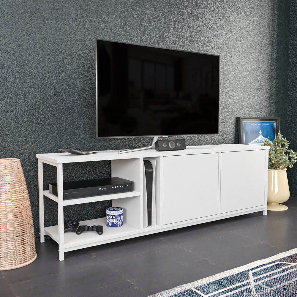 Decorotika Primrose 2 Door 3 Shelf White TV Stand for 72 inch TV Image 6