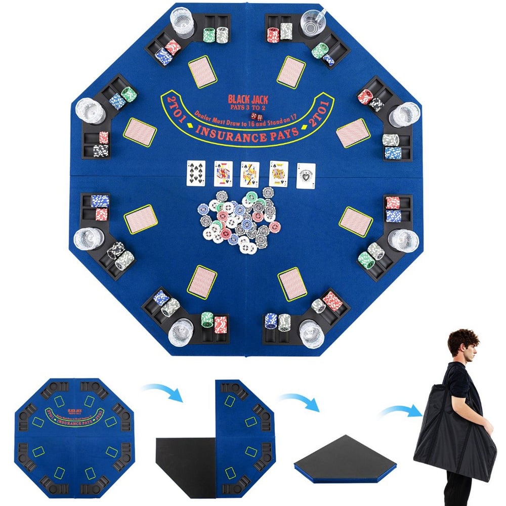 Costway 8 Player Blue Foldable Poker Table Top with Carry Bag Image 5