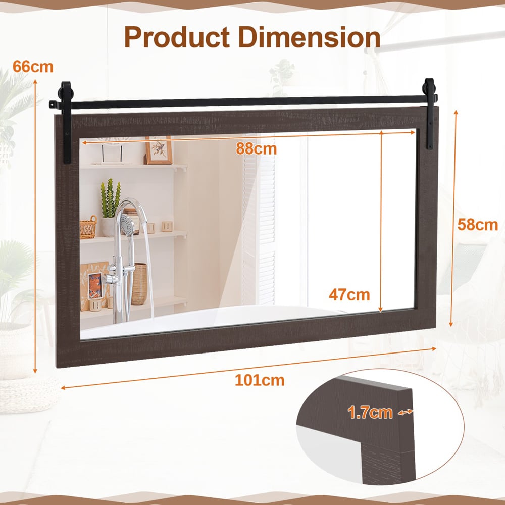 Costway Walnut Fir Wood Frame Farmhouse Bathroom Wall Mirror Image 6