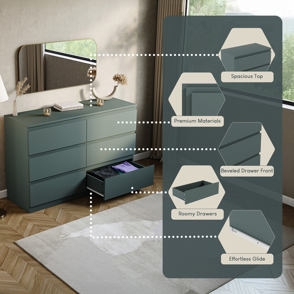 VIDA DESIGNS Denver Jasper Green 6 Drawer Bedside Table Image 6