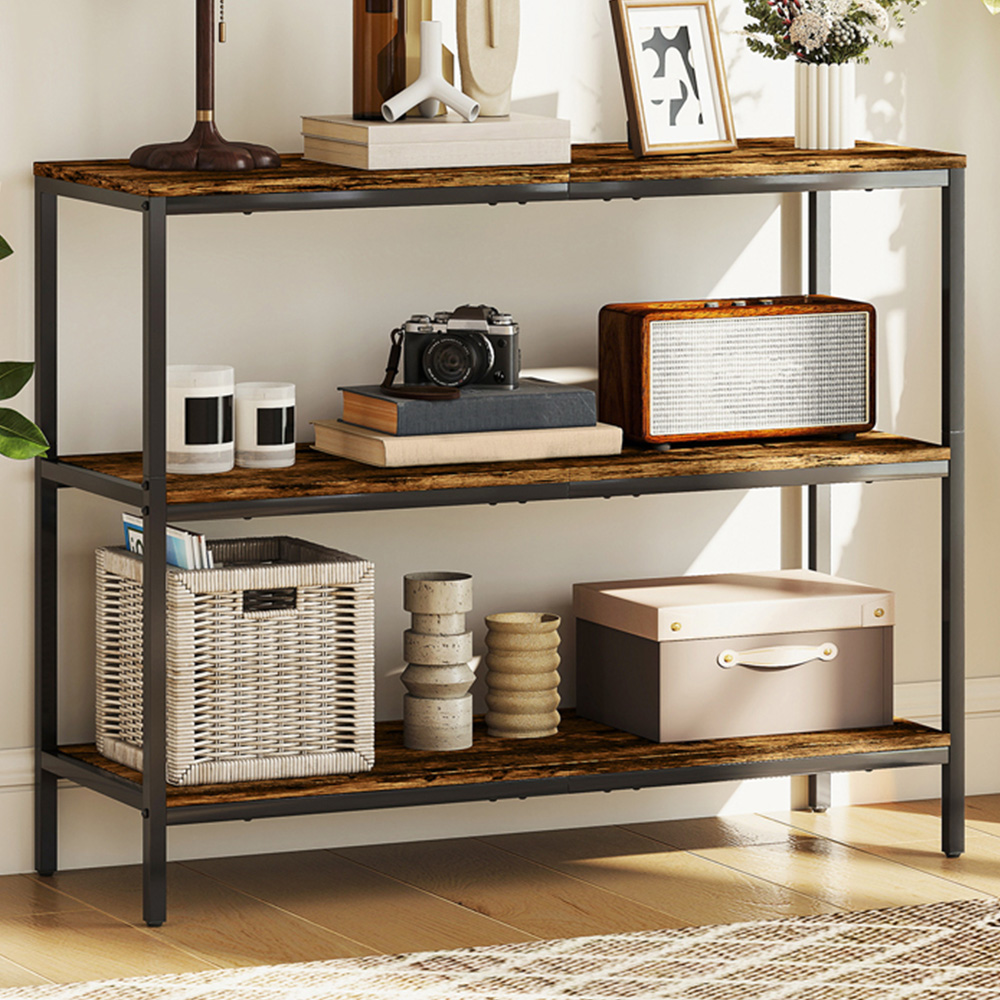 HOMCOM 3 Shelf Rustic Brown Industrial Console Table Image 1