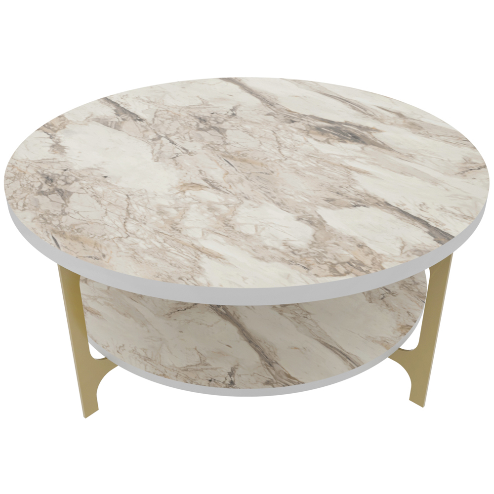 Decorotika Versy Single Shelf White Marble Effect and Gold Metal Leg Round Coffee Table Image 2