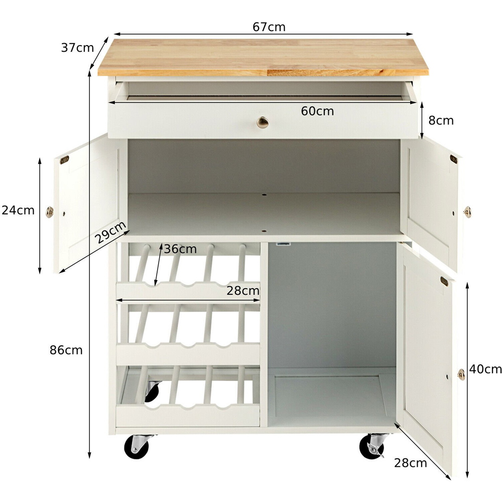 Costway White 3 Door Single Drawer and 3 Wine Racks Rolling Kitchen Cart Image 9