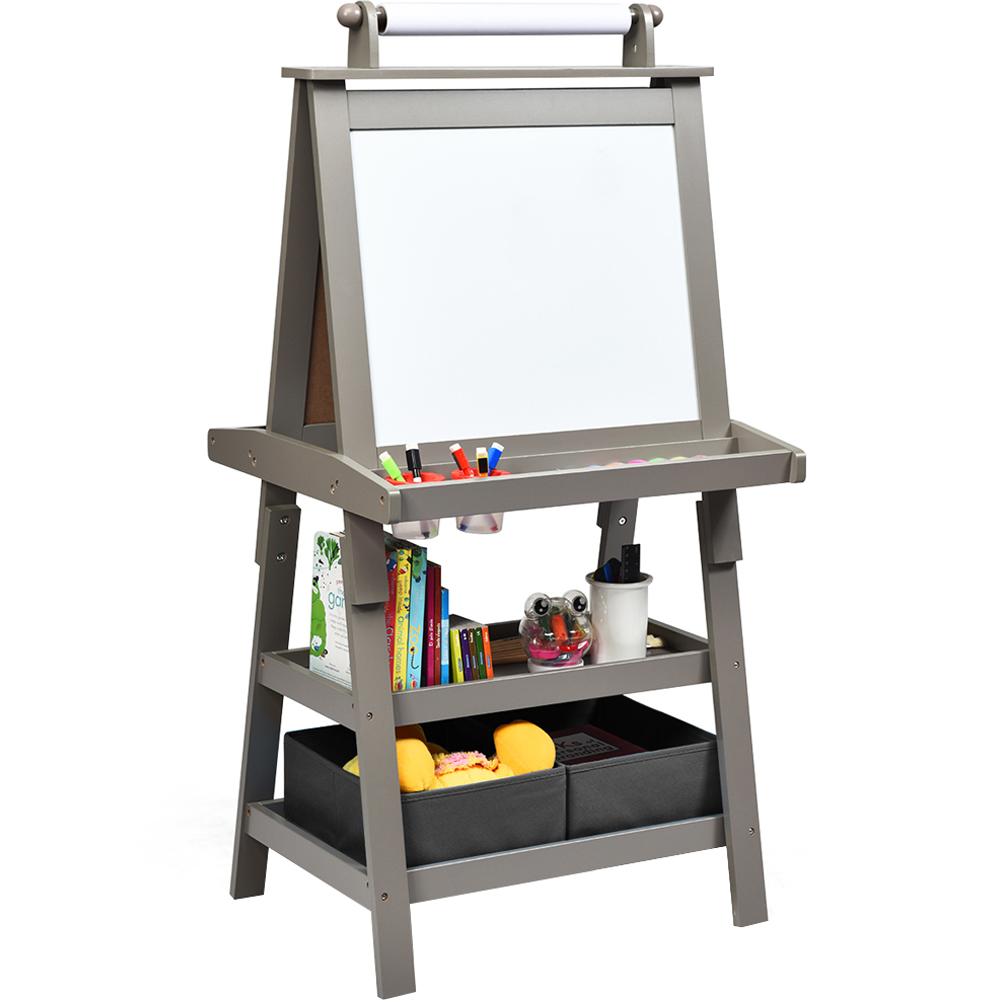 Costway Grey Double-Sided Art Easel with Paper Roll Image 1