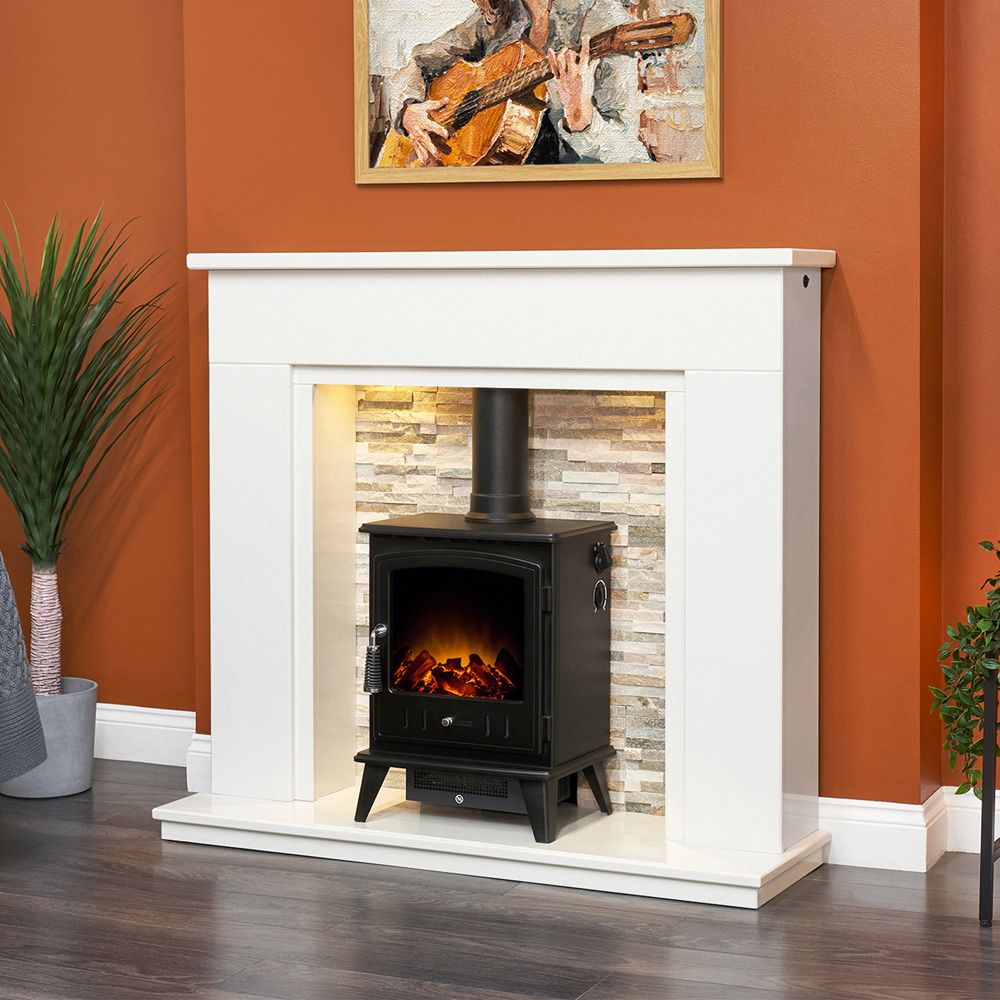 Acantha Amalfi White Marble and Black Fireplace with Downlights and Aviemore Electric Stove 48 inch Image 7